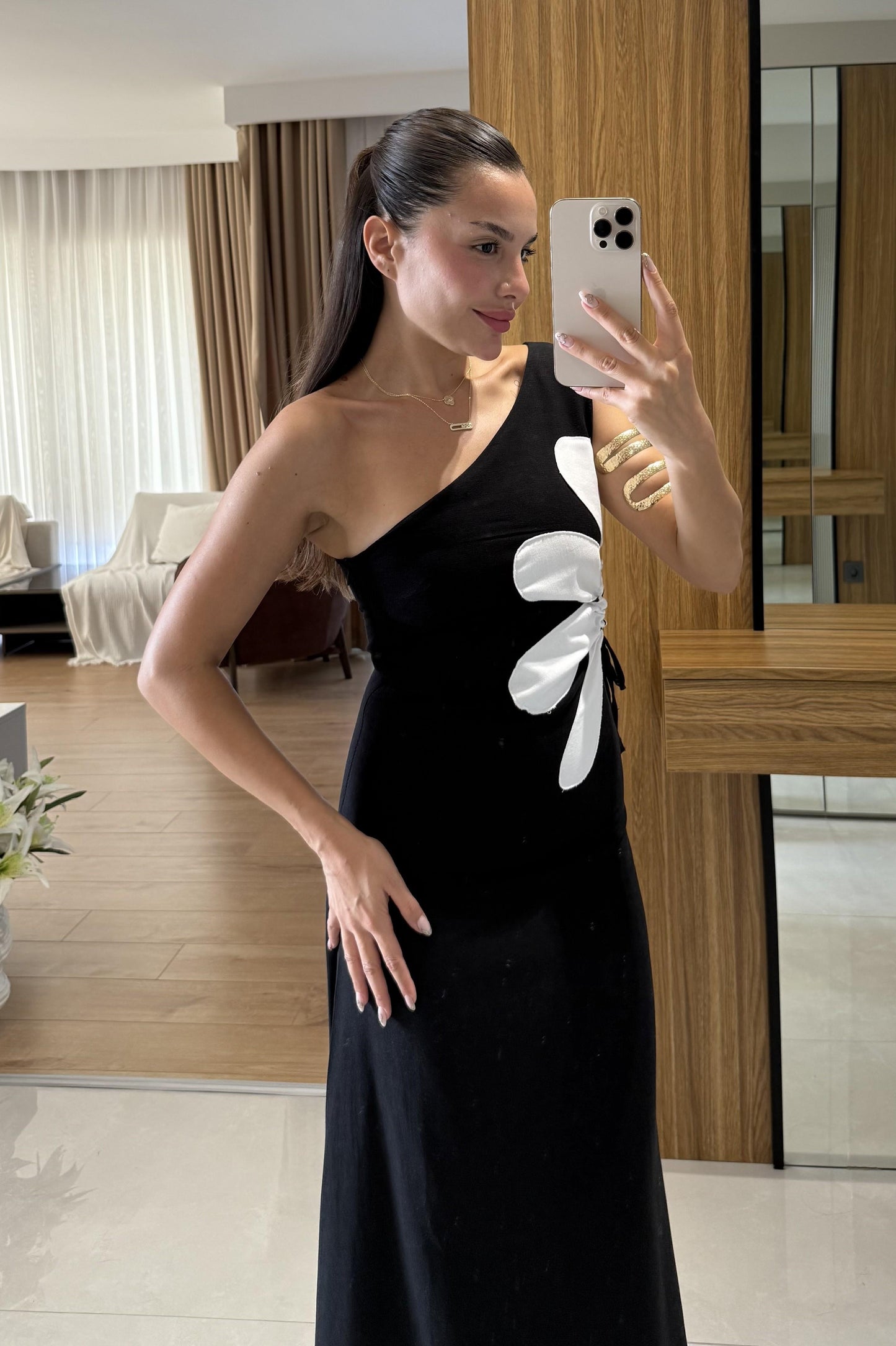 Better Siyah Keten Astarlı Çiçekli Elbise