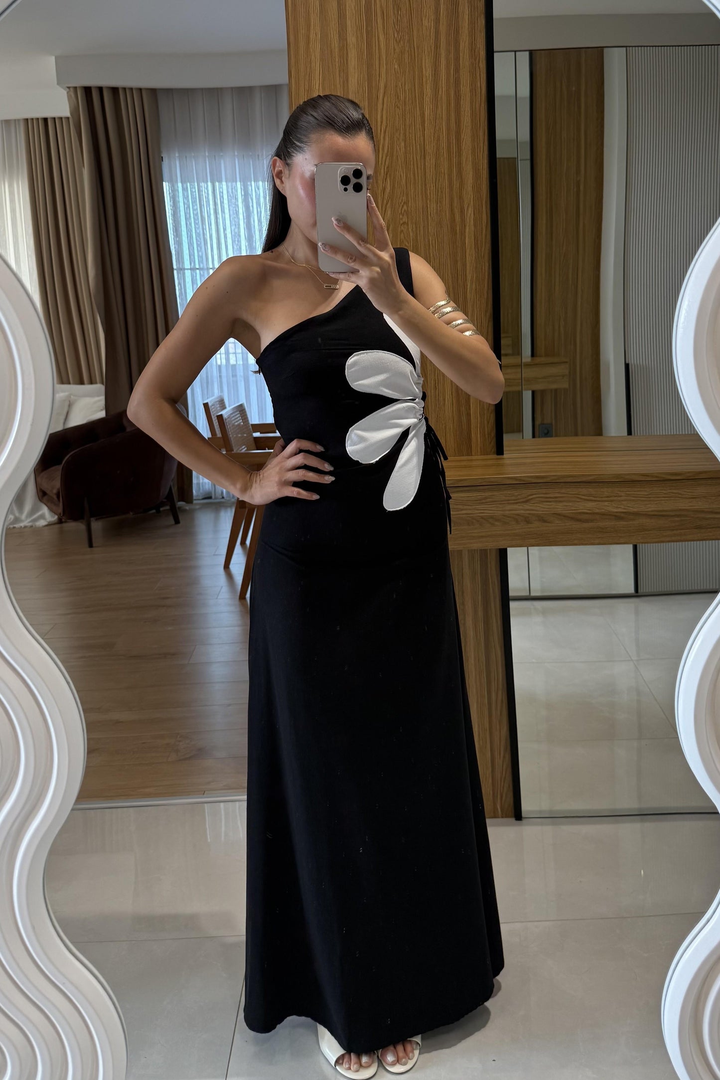 Better Siyah Keten Astarlı Çiçekli Elbise