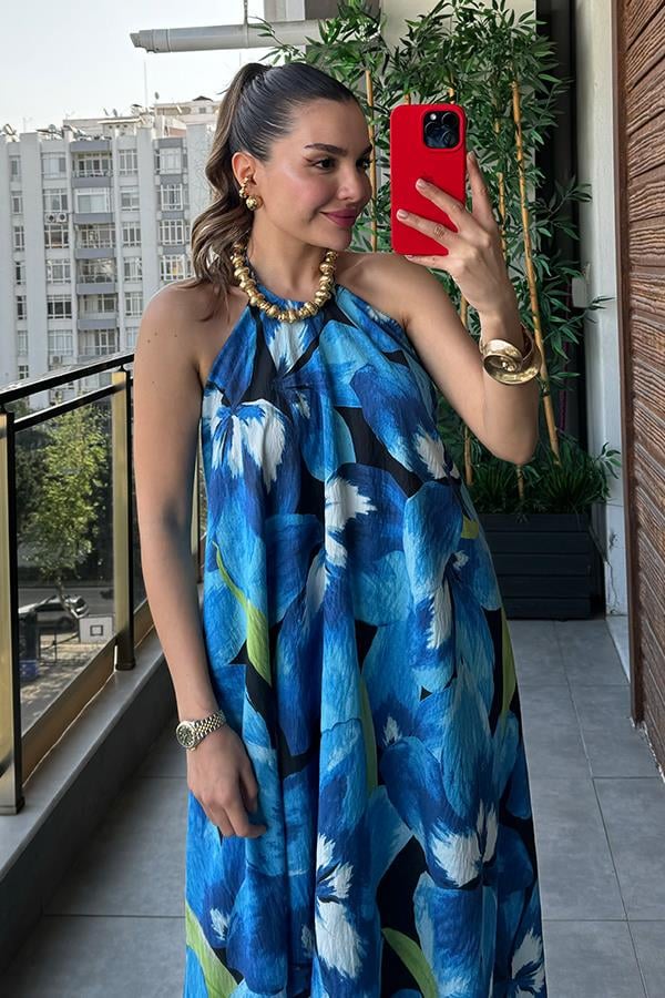 Blanche Mavi Çiçek Desenli Elbise