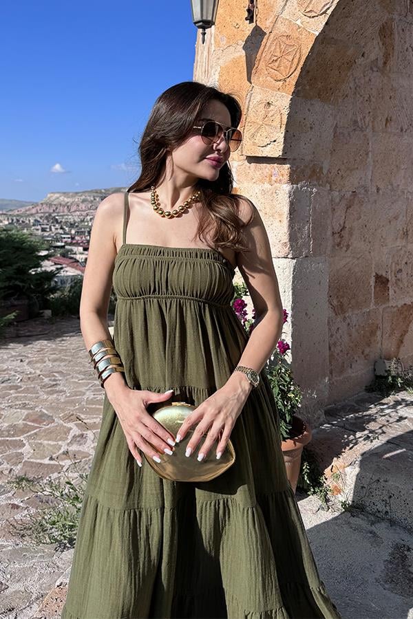 Blenda İnce Askılı Müslin Elbise - Haki