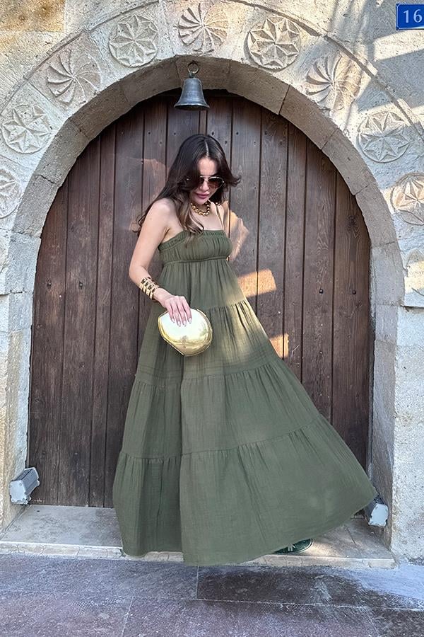 Blenda İnce Askılı Müslin Elbise - Haki