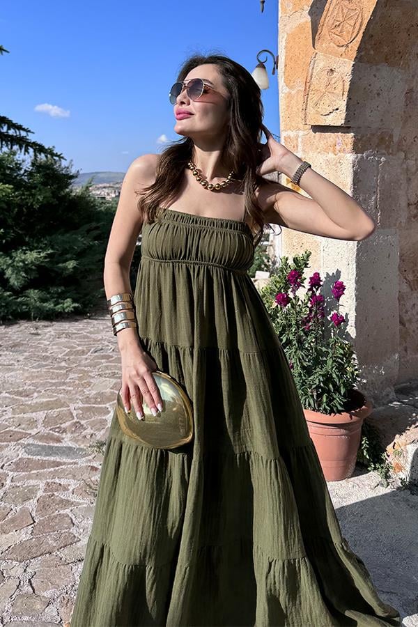 Blenda İnce Askılı Müslin Elbise - Haki