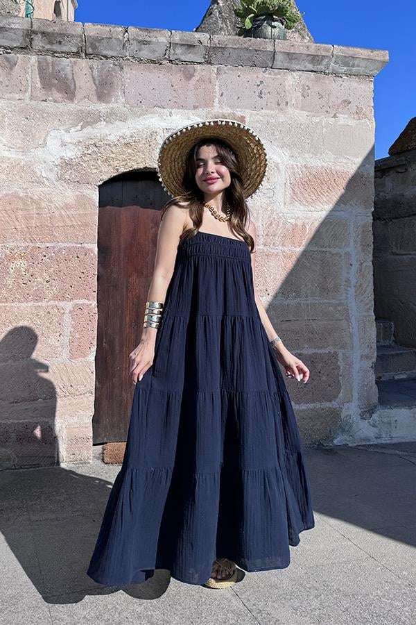 Blenda İnce Askılı Müslin Elbise - Lacivert