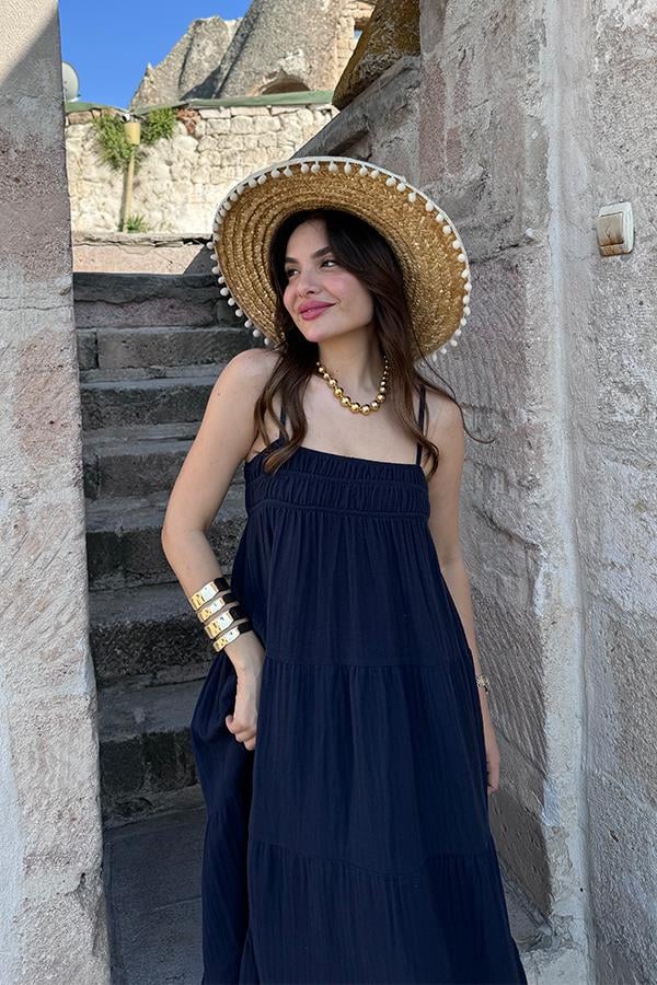 Blenda İnce Askılı Müslin Elbise - Lacivert