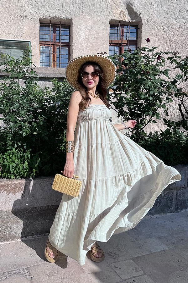 Blenda İnce Askılı Müslin Elbise - Taş