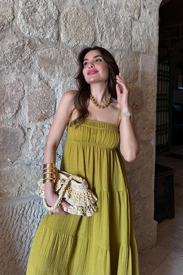 Blenda İnce Askılı Müslin Elbise - Yağ Yeşil