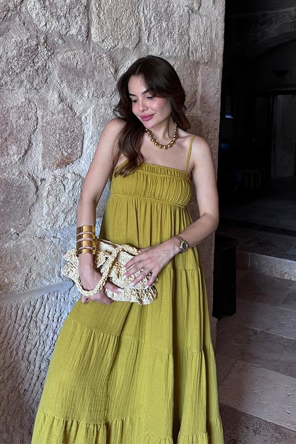 Blenda İnce Askılı Müslin Elbise - Yağ Yeşil