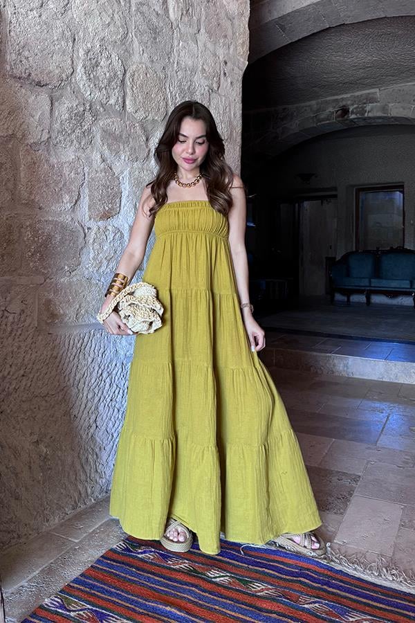 Blenda İnce Askılı Müslin Elbise - Yağ Yeşil