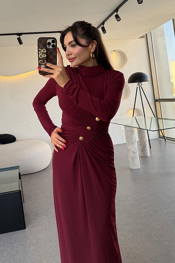 Blondie Gold Detaylı Drapeli Bordo Elbise