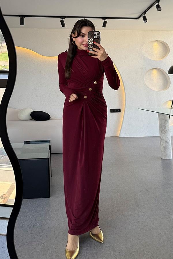 Blondie Gold Detaylı Drapeli Bordo Elbise