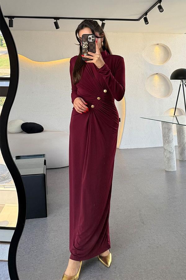 Blondie Gold Detaylı Drapeli Bordo Elbise