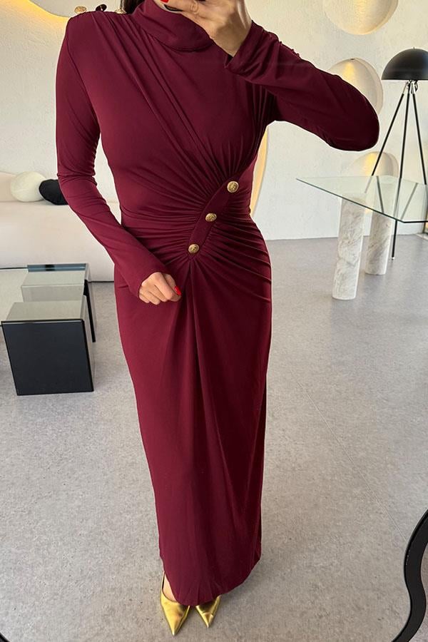 Blondie Gold Detaylı Drapeli Bordo Elbise