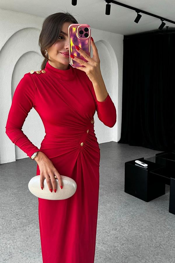 Blondie Gold Detaylı Drapeli Kırmızı Elbise