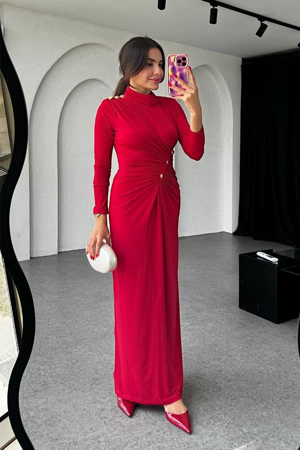 Blondie Gold Detaylı Drapeli Kırmızı Elbise