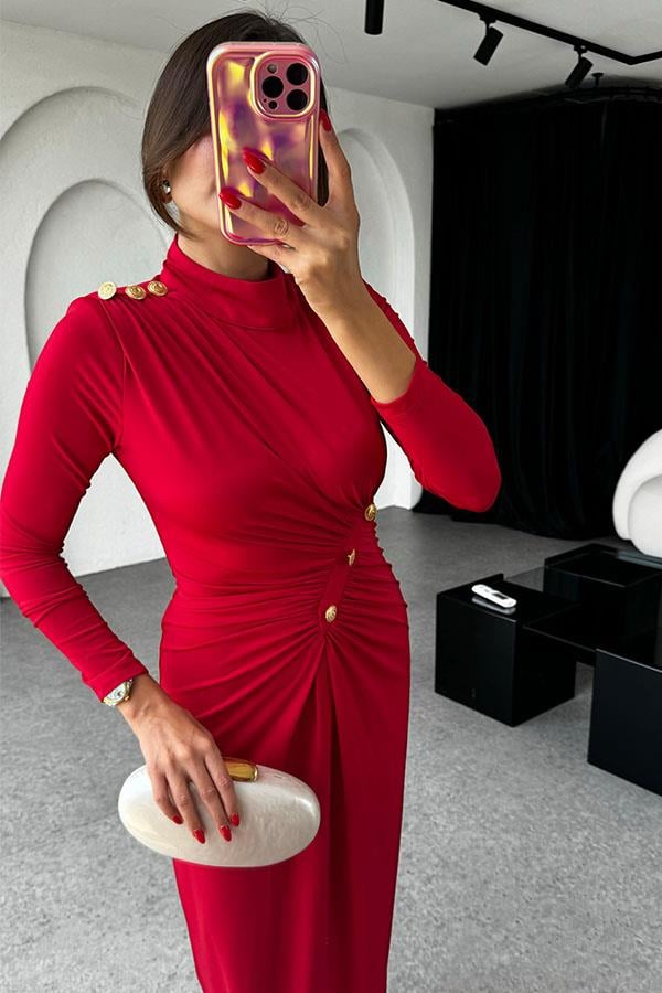 Blondie Gold Detaylı Drapeli Kırmızı Elbise