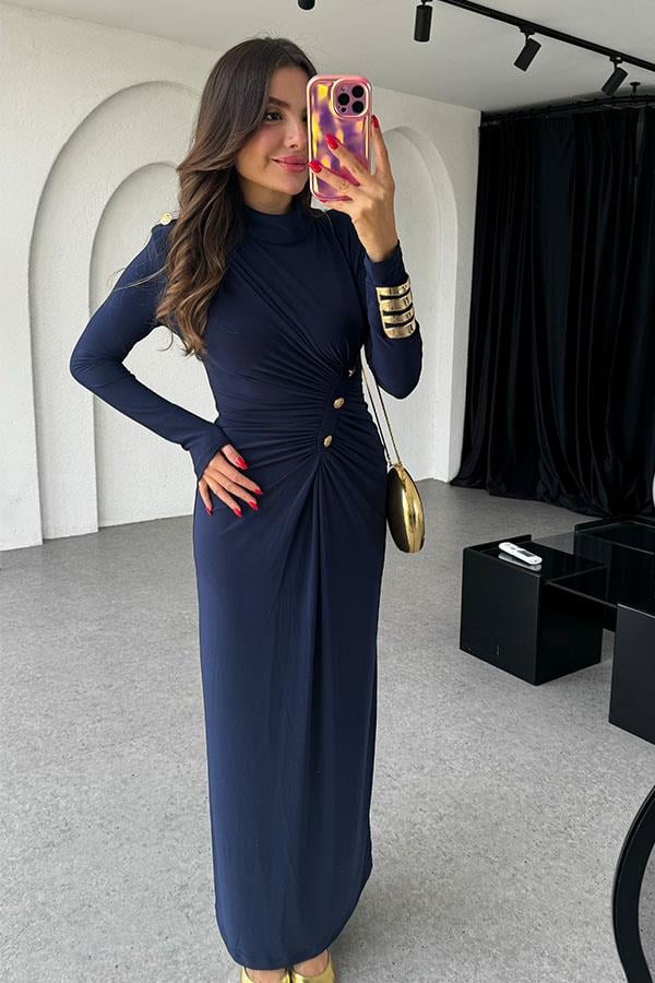 Blondie Gold Detaylı Drapeli Lacivert Elbise
