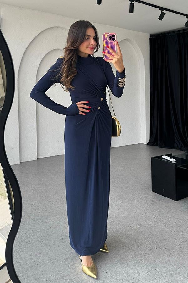 Blondie Gold Detaylı Drapeli Lacivert Elbise
