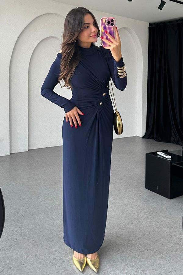 Blondie Gold Detaylı Drapeli Lacivert Elbise