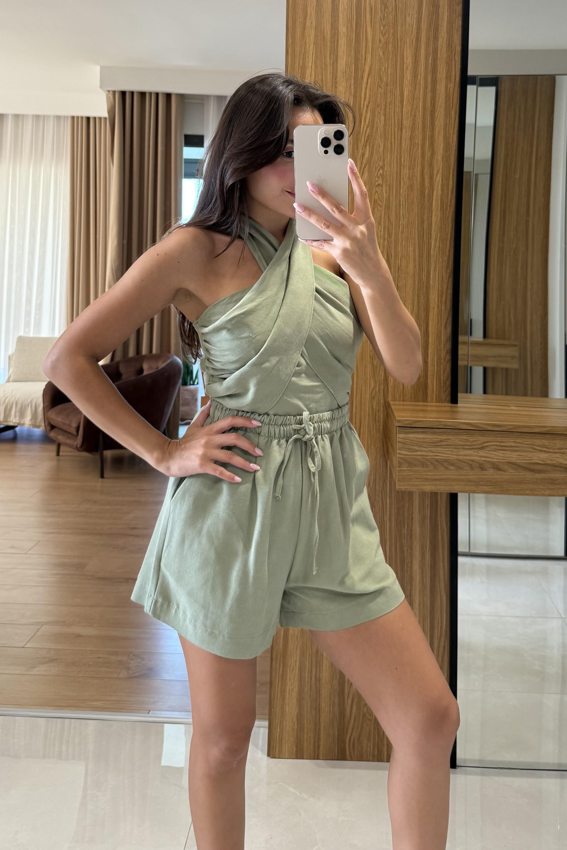 Blones Haki Boyundan Bağlamalı Keten Takım