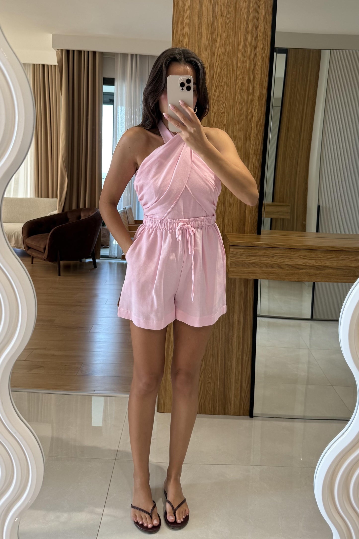 Blones Pembe Boyundan Bağlamalı Keten Takım