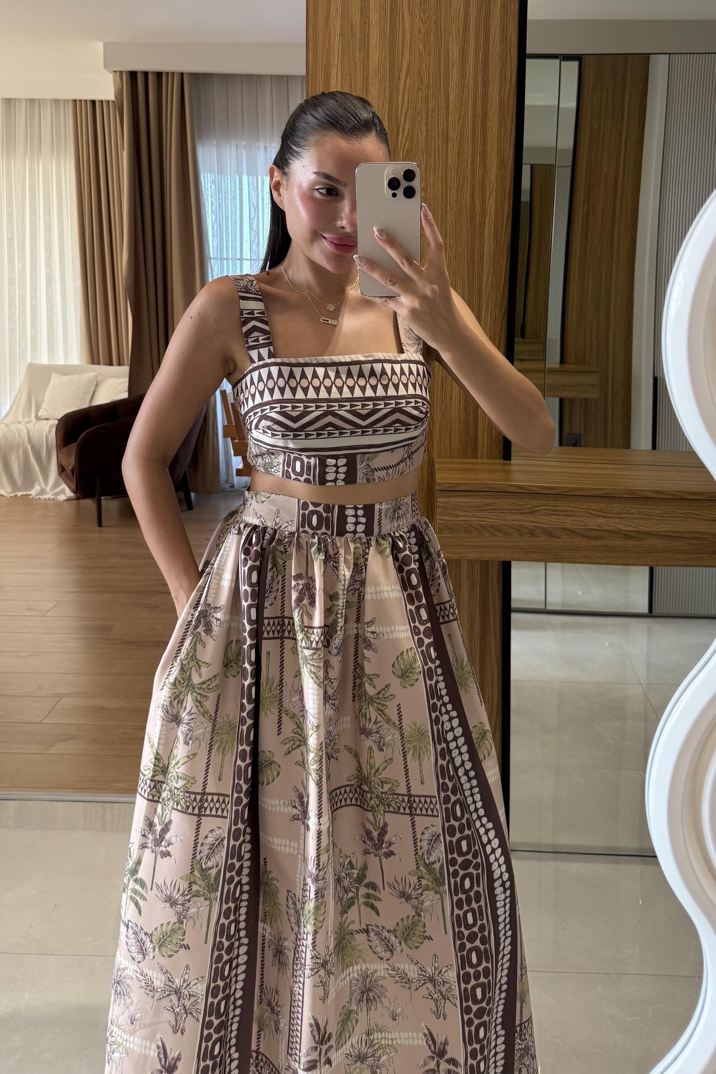 Bloody Kahve Desenli Kalın Askılı Etekli Takım