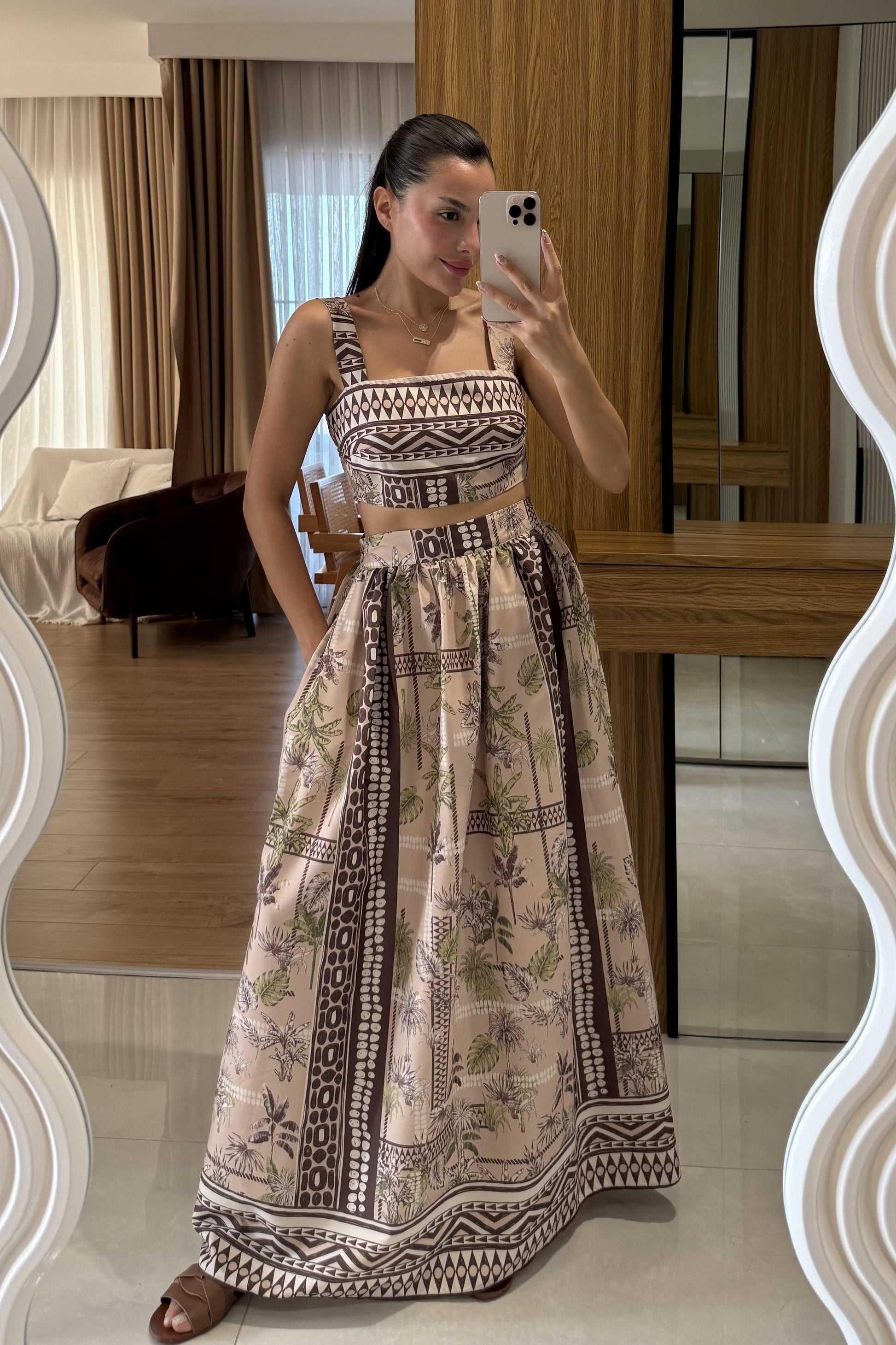 Bloody Kahve Desenli Kalın Askılı Etekli Takım