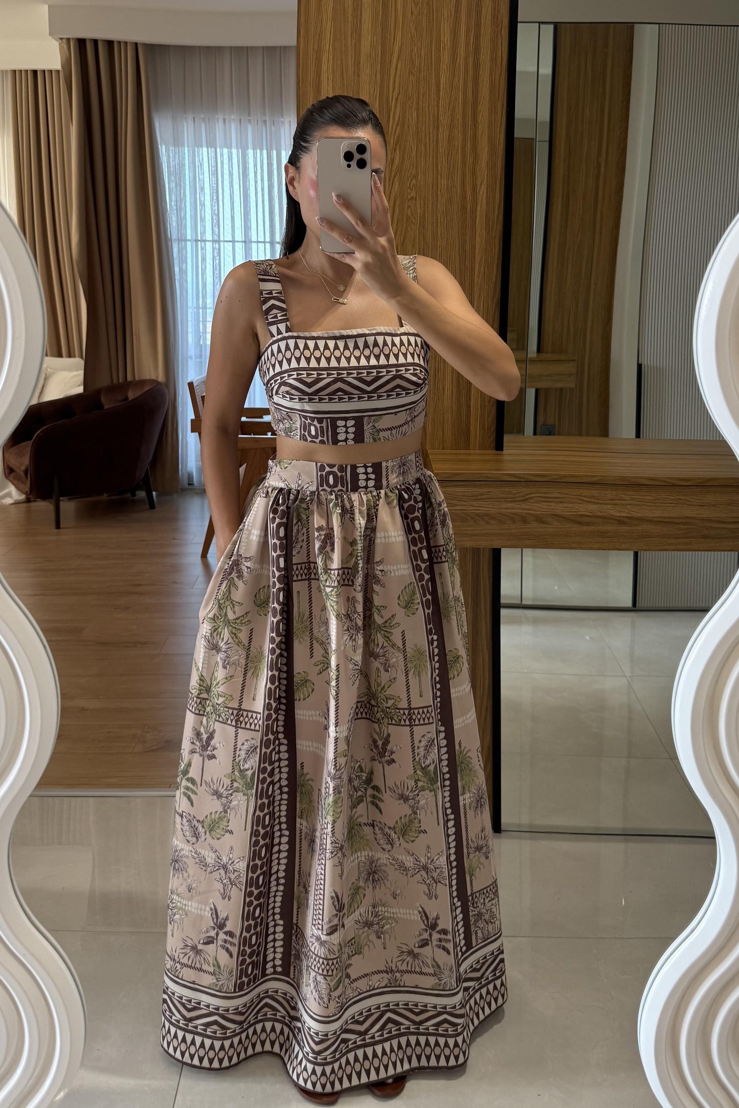 Bloody Kahve Desenli Kalın Askılı Etekli Takım