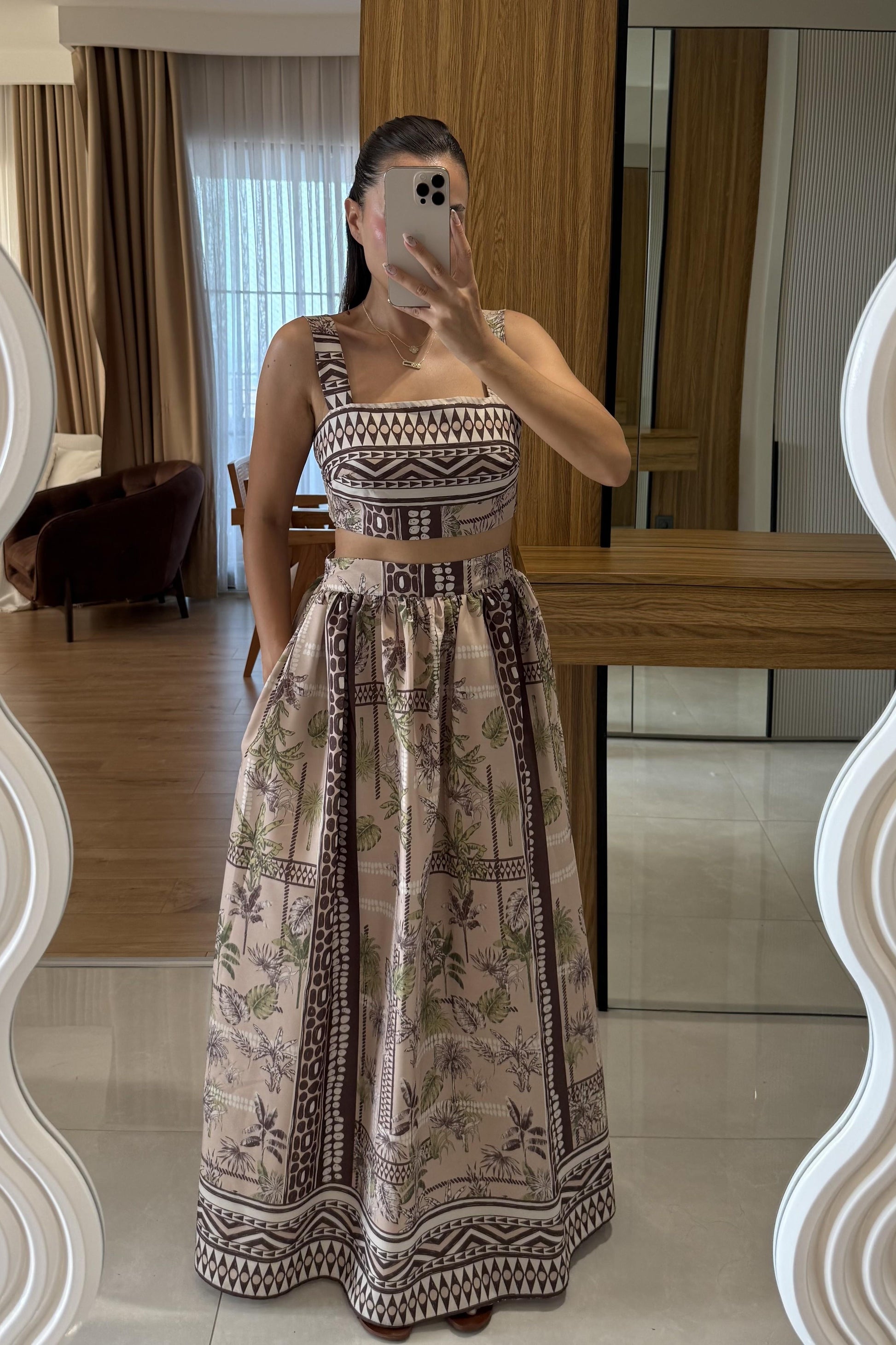 Bloody Kahve Desenli Kalın Askılı Etekli Takım