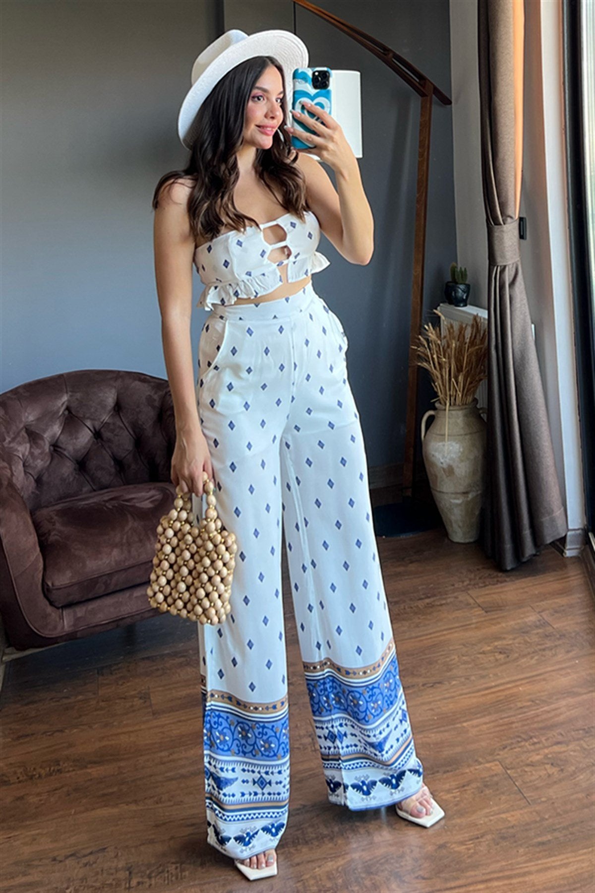 Blow beyaz mavi desenli ikili takım