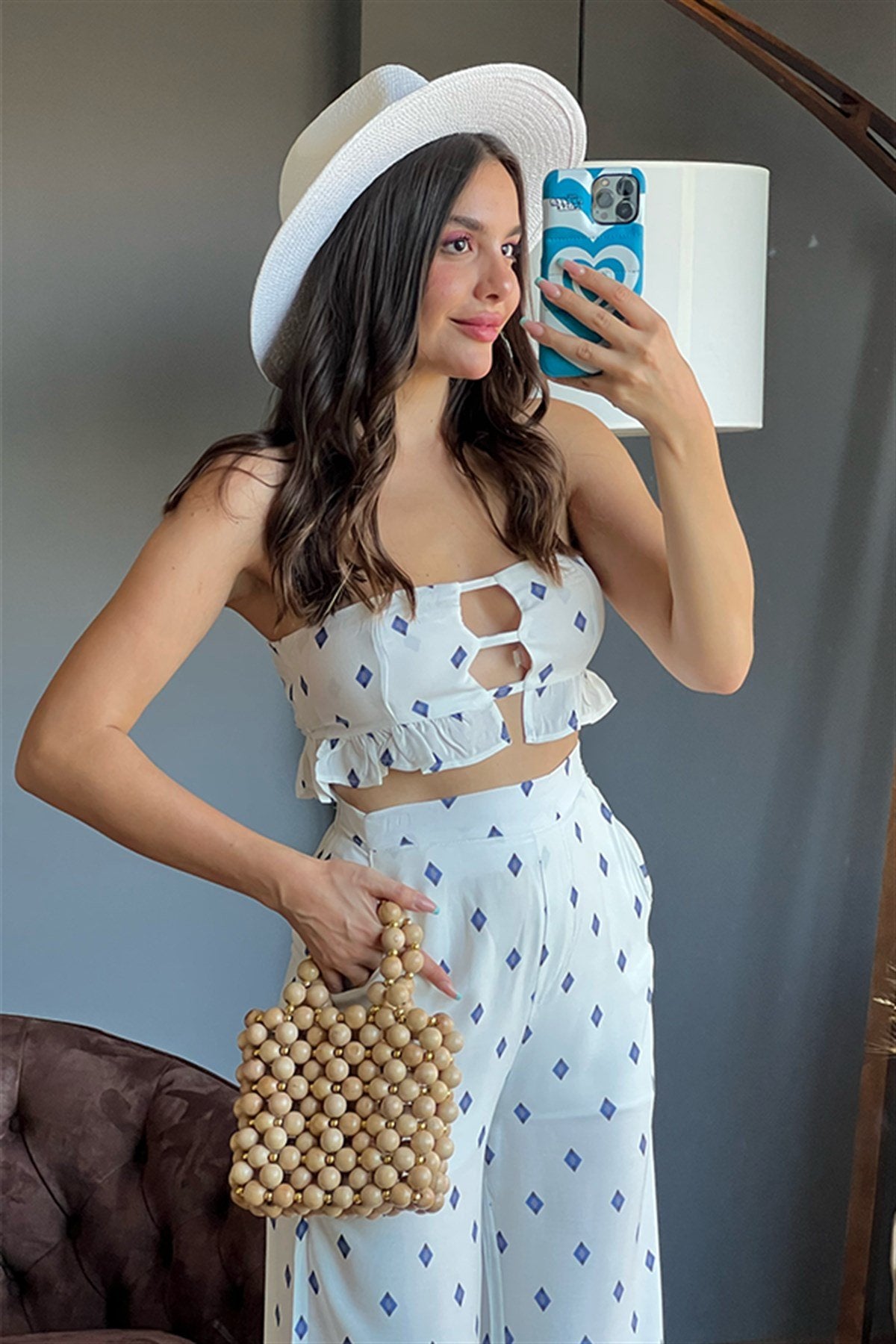 Blow beyaz mavi desenli ikili takım