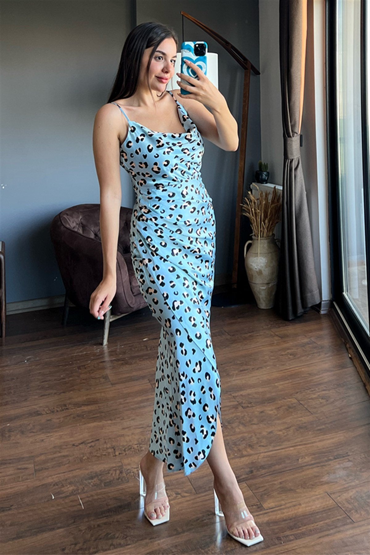 Blue leopard saten elbise