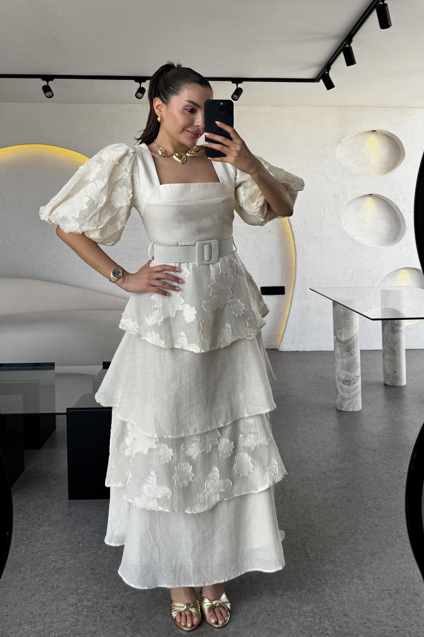 Bogie Bej Kat Kat Kemerli Elbise