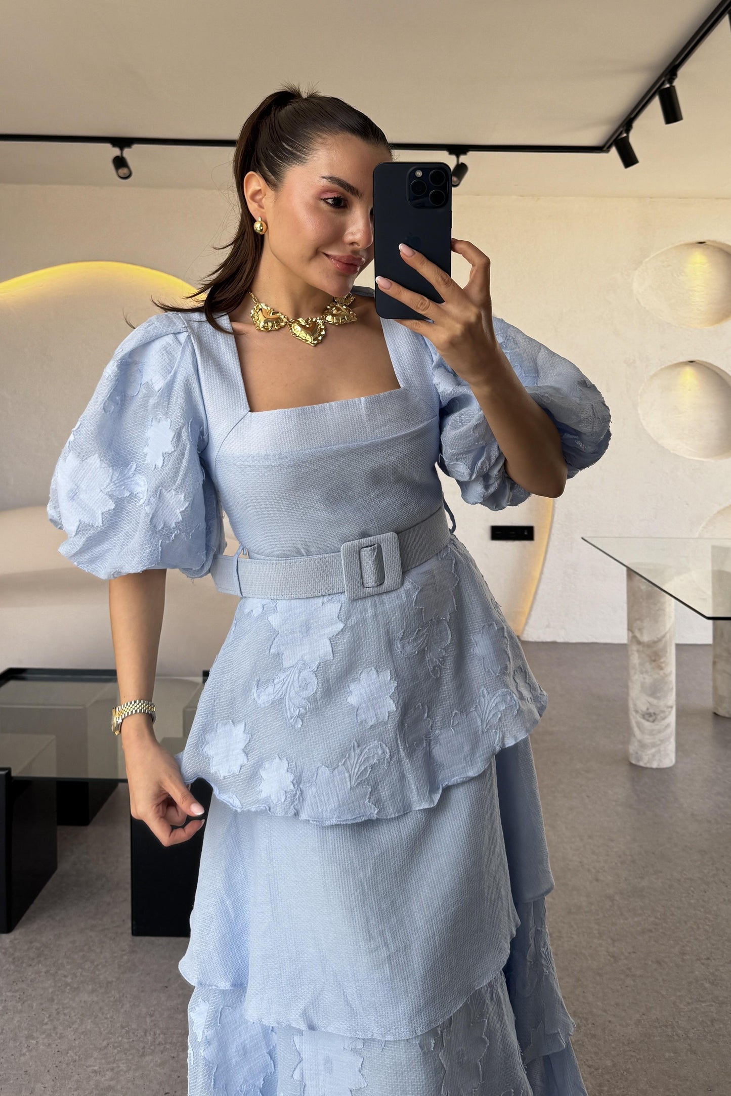 Bogie Mavi Kat Kat Kemerli Elbise