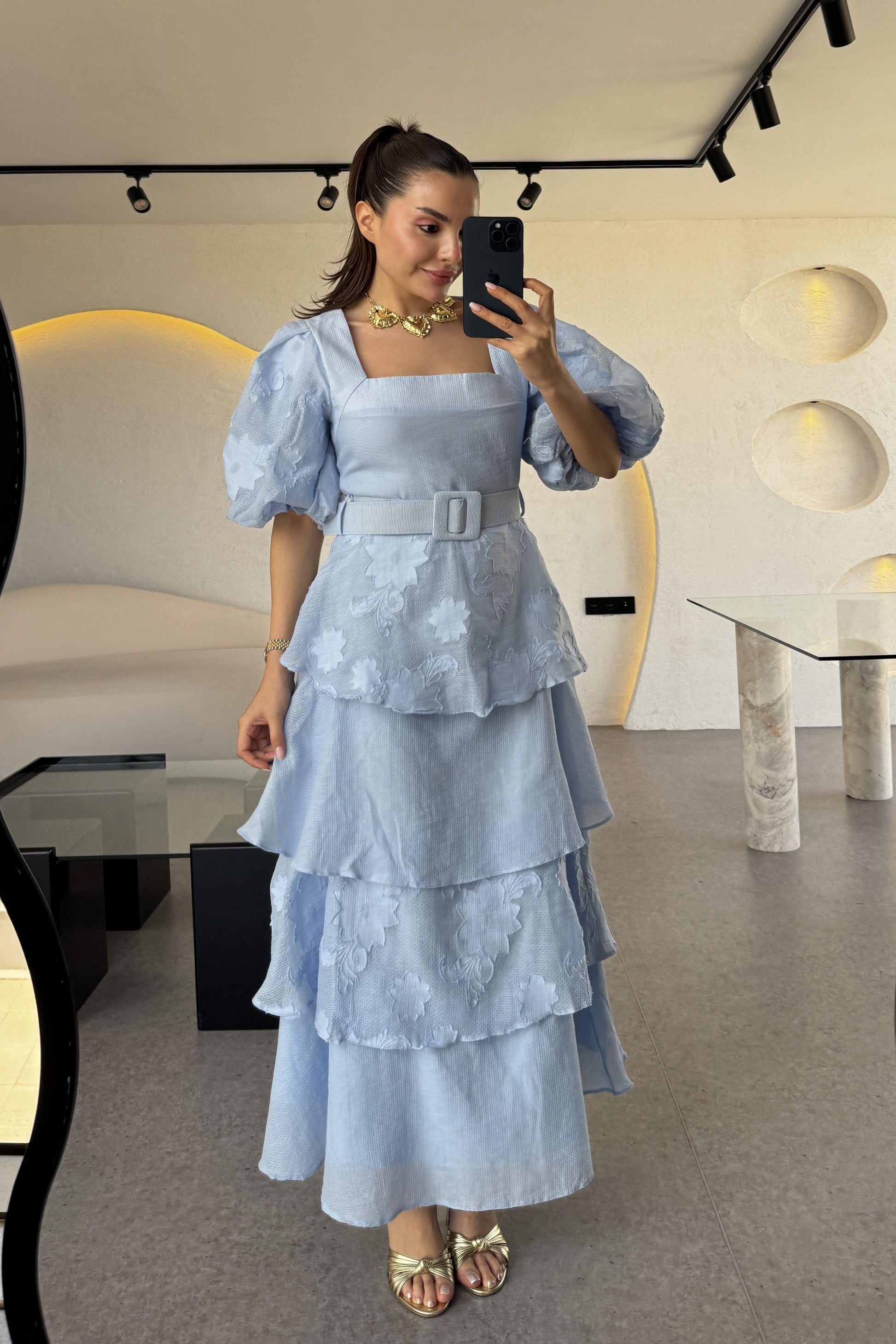 Bogie Mavi Kat Kat Kemerli Elbise