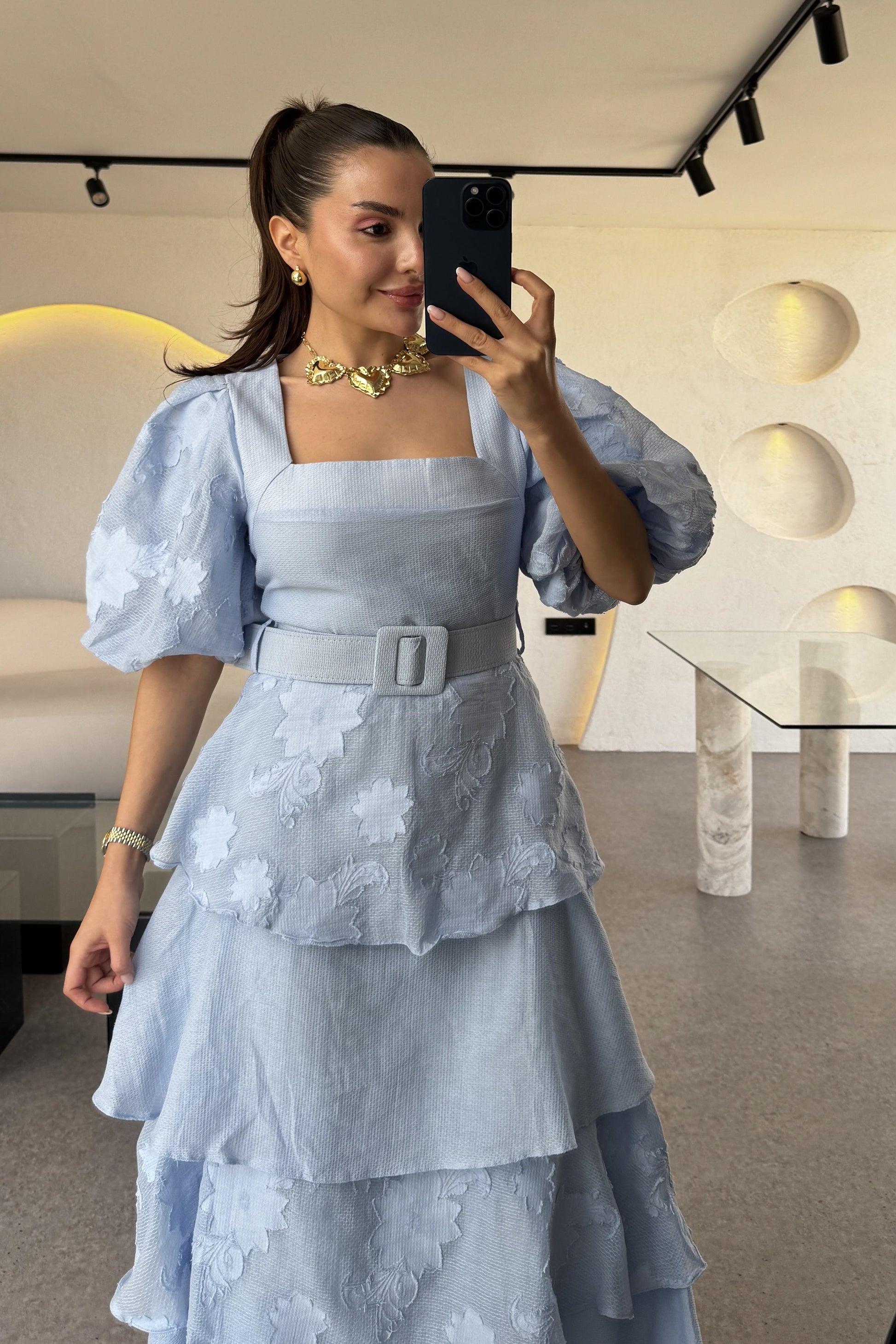 Bogie Mavi Kat Kat Kemerli Elbise