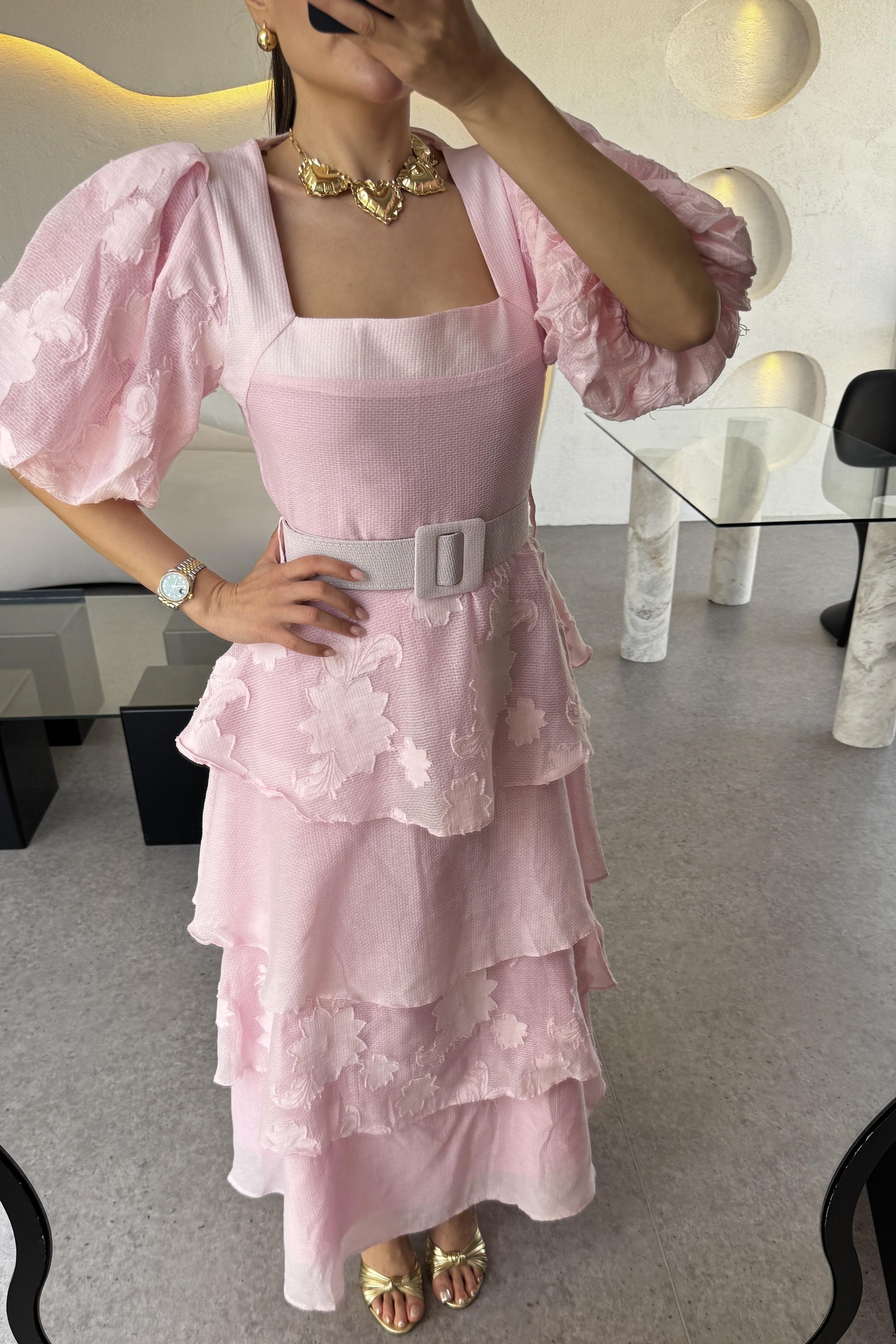 Bogie Pembe Kat Kat Kemerli Elbise