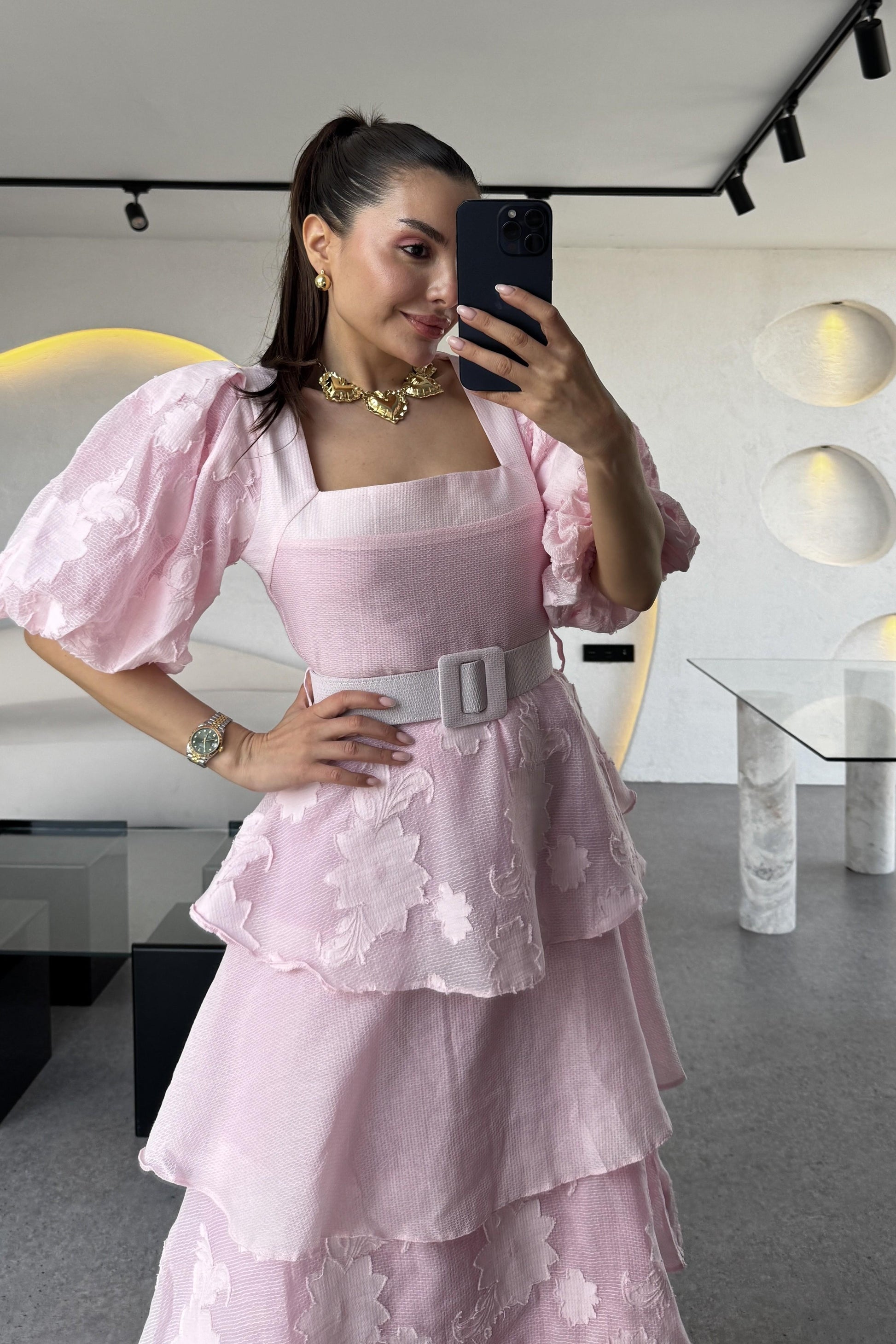 Bogie Pembe Kat Kat Kemerli Elbise