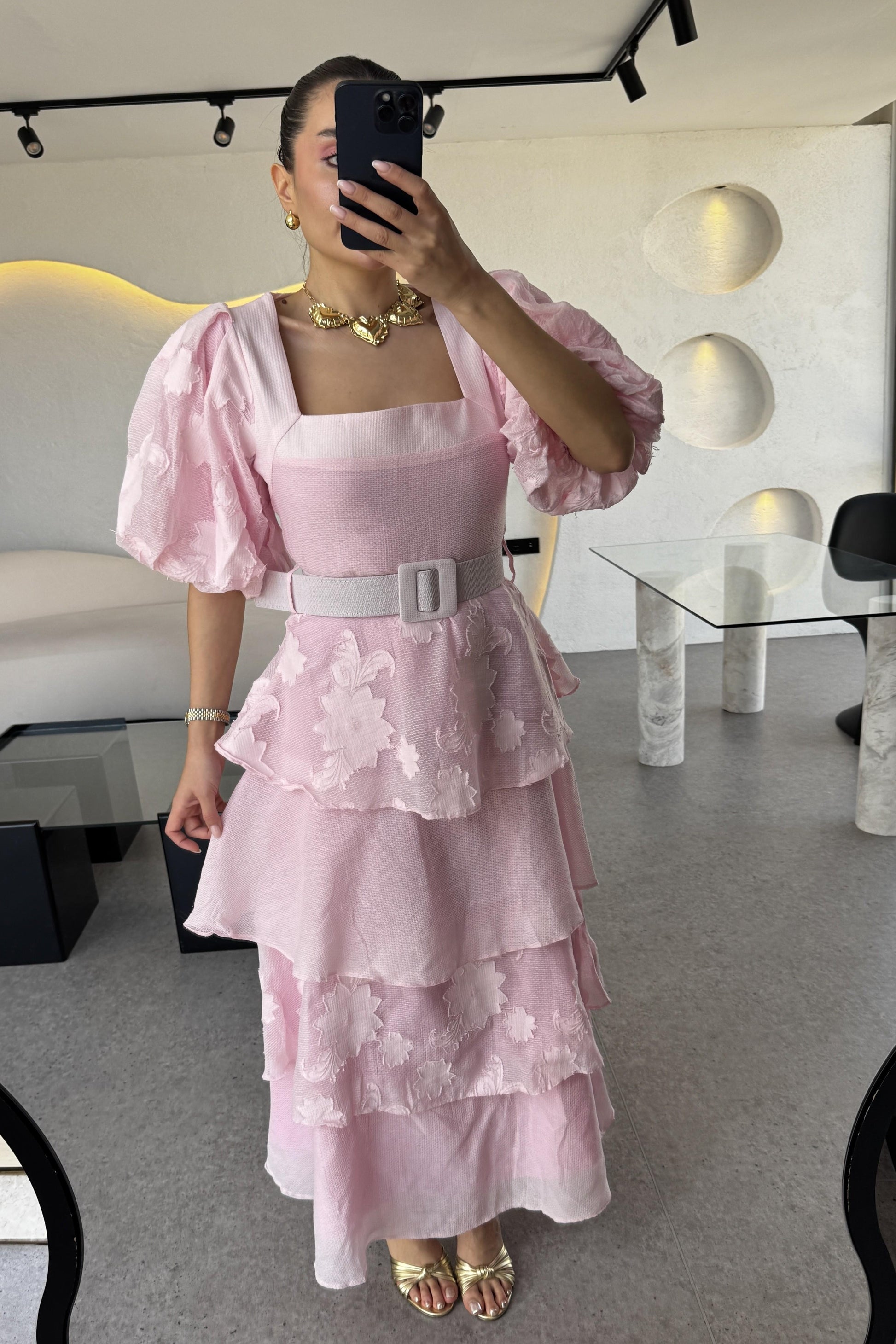 Bogie Pembe Kat Kat Kemerli Elbise