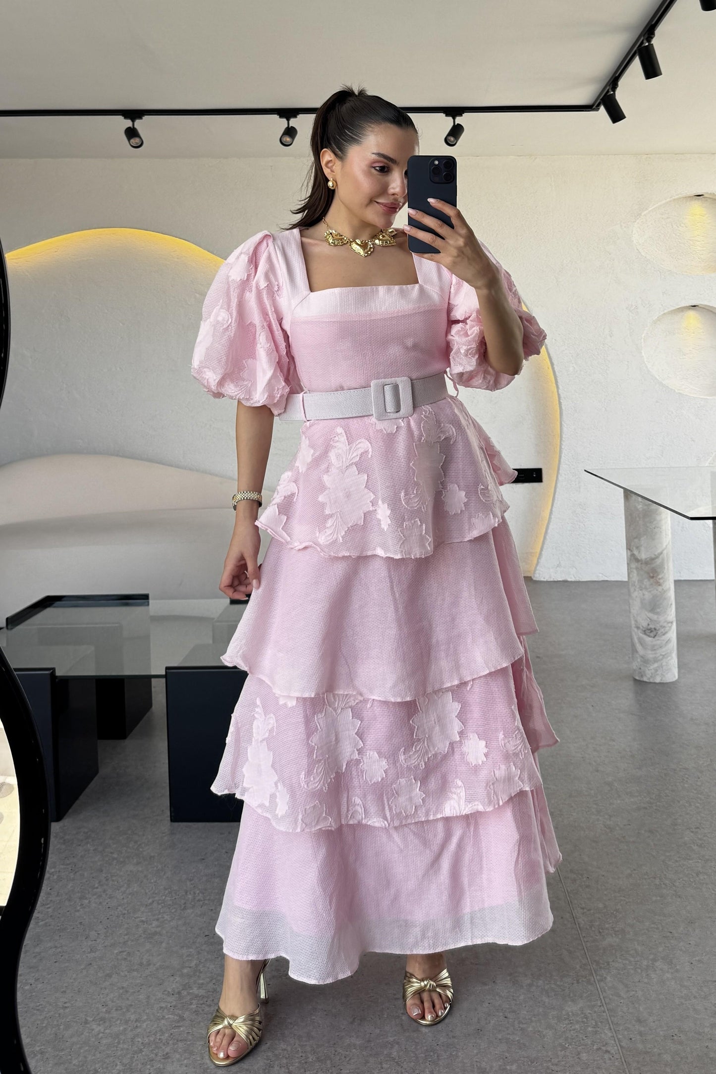 Bogie Pembe Kat Kat Kemerli Elbise