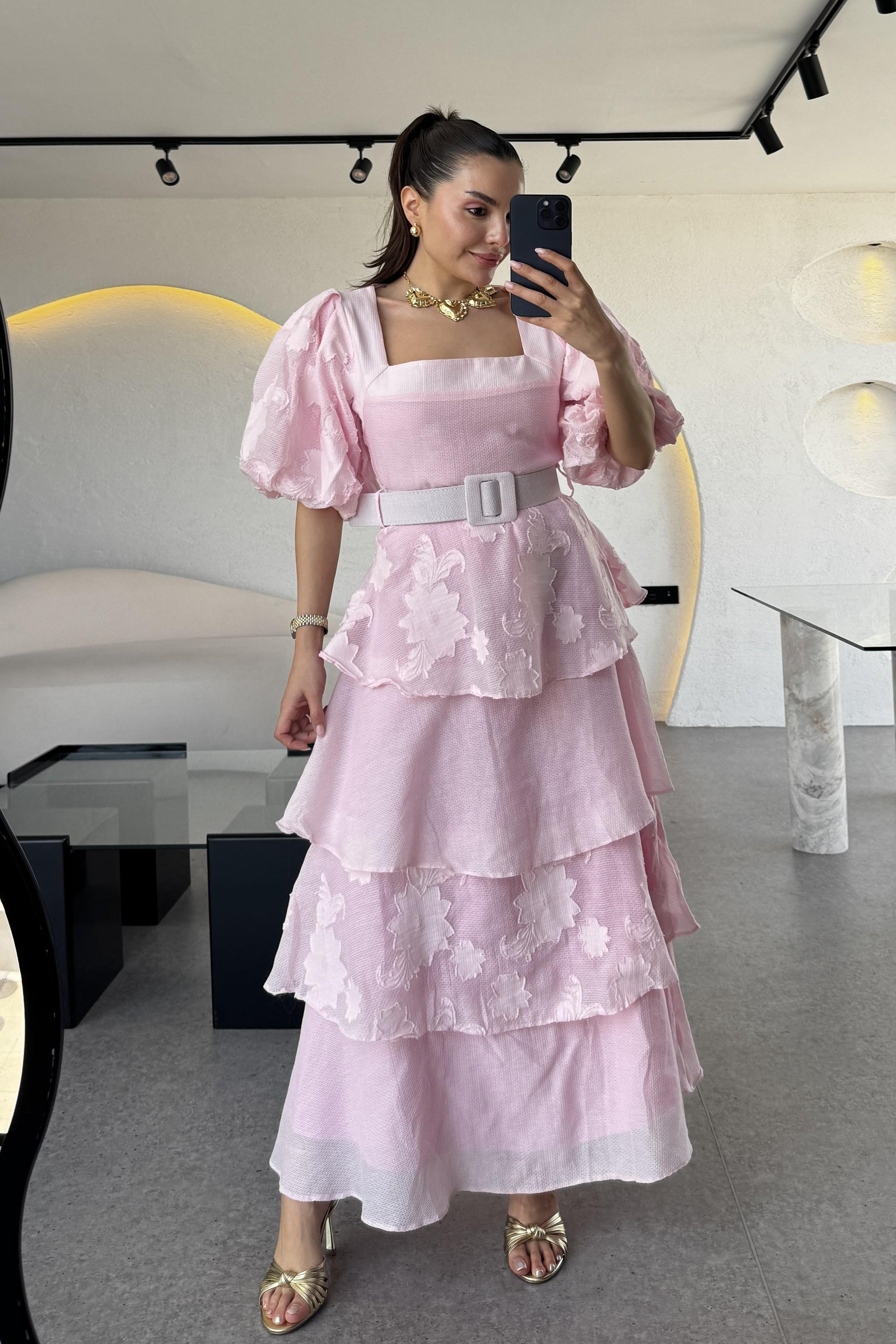 Bogie Pembe Kat Kat Kemerli Elbise