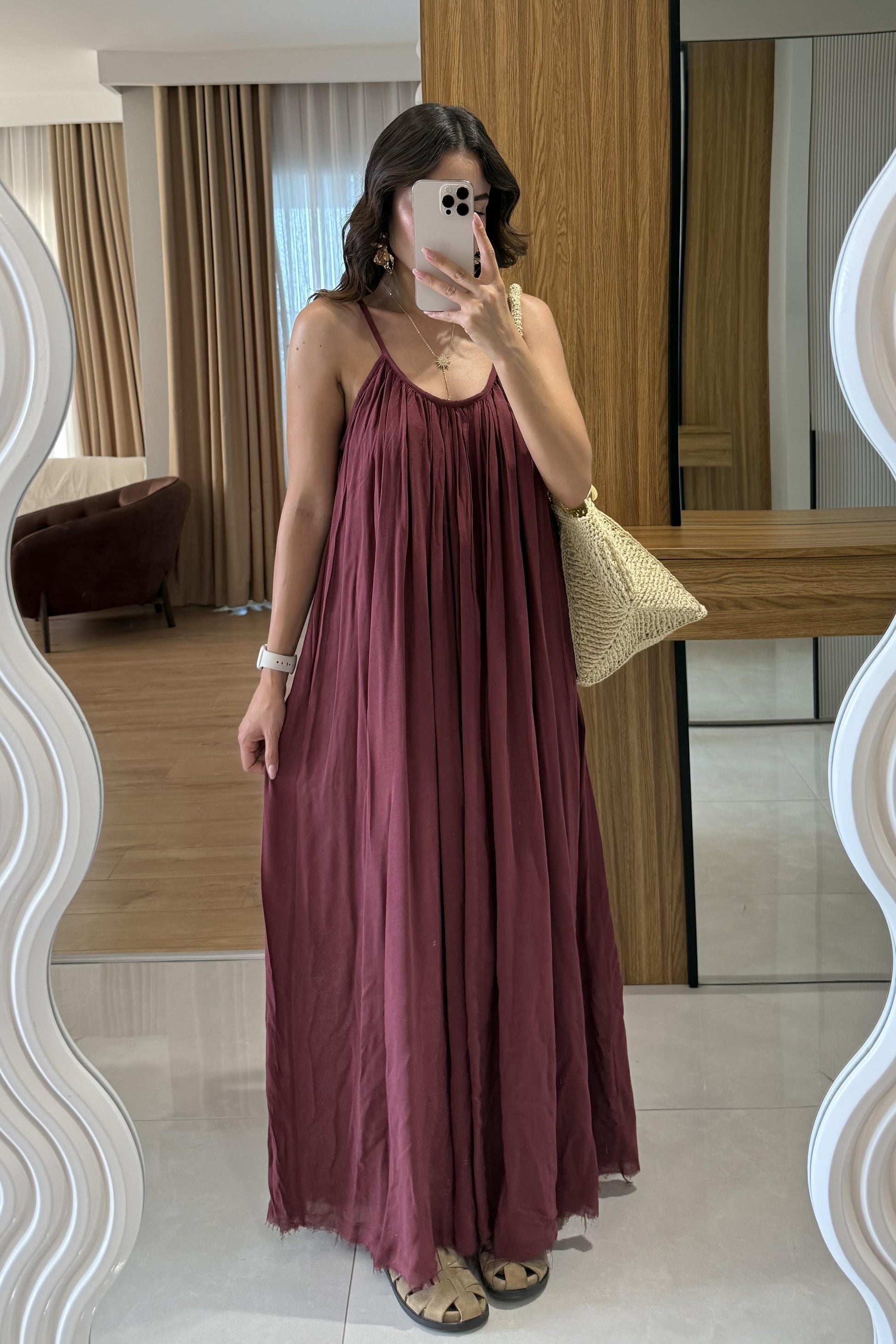 Bohre Bordo Keten Salaş Elbise