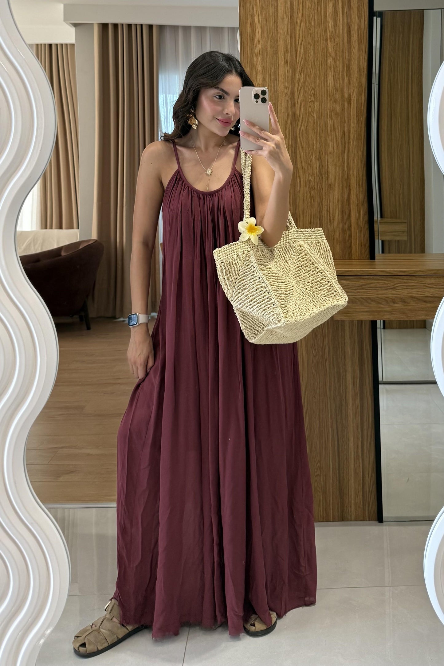 Bohre Bordo Keten Salaş Elbise