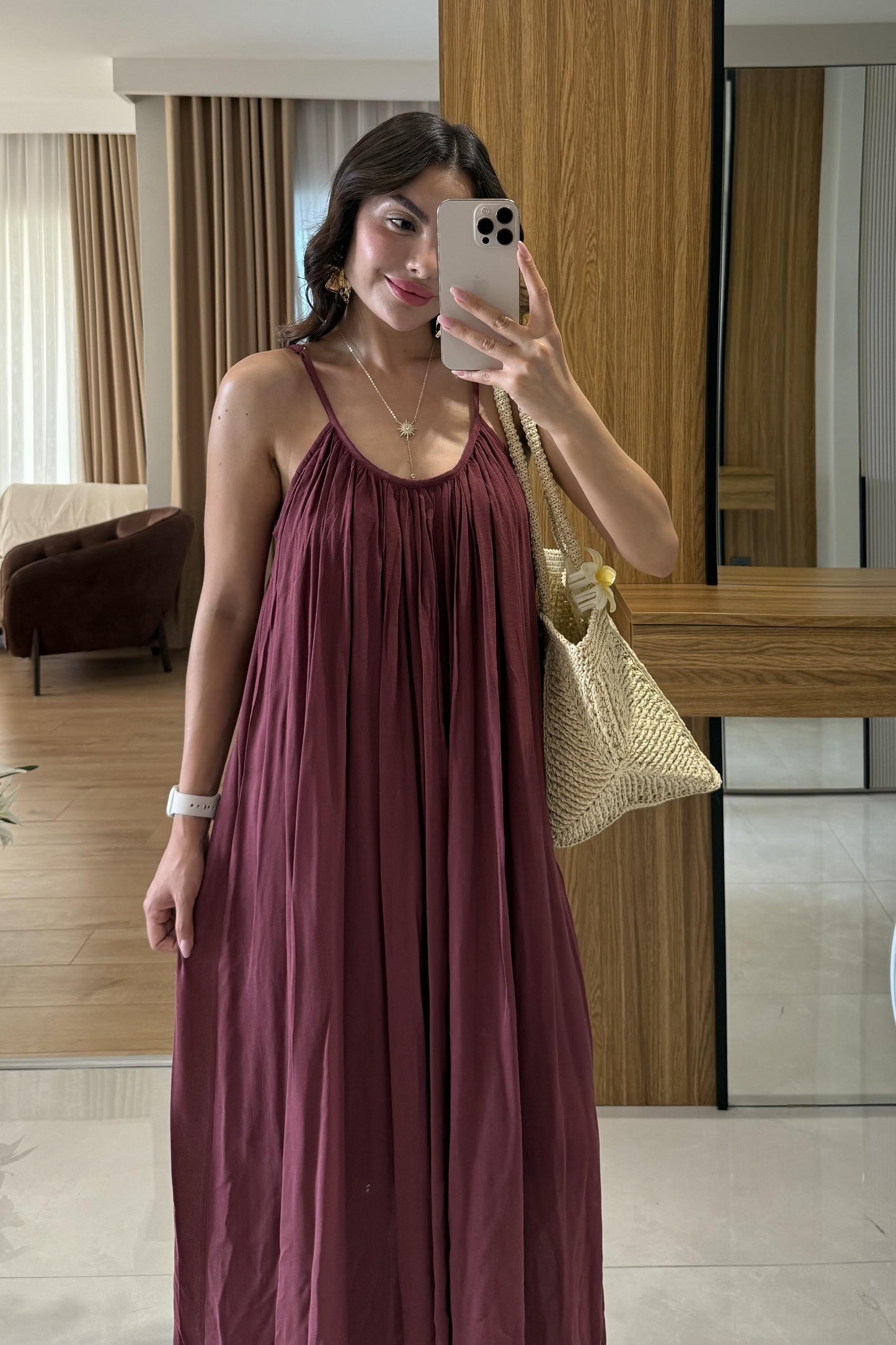 Bohre Bordo Keten Salaş Elbise