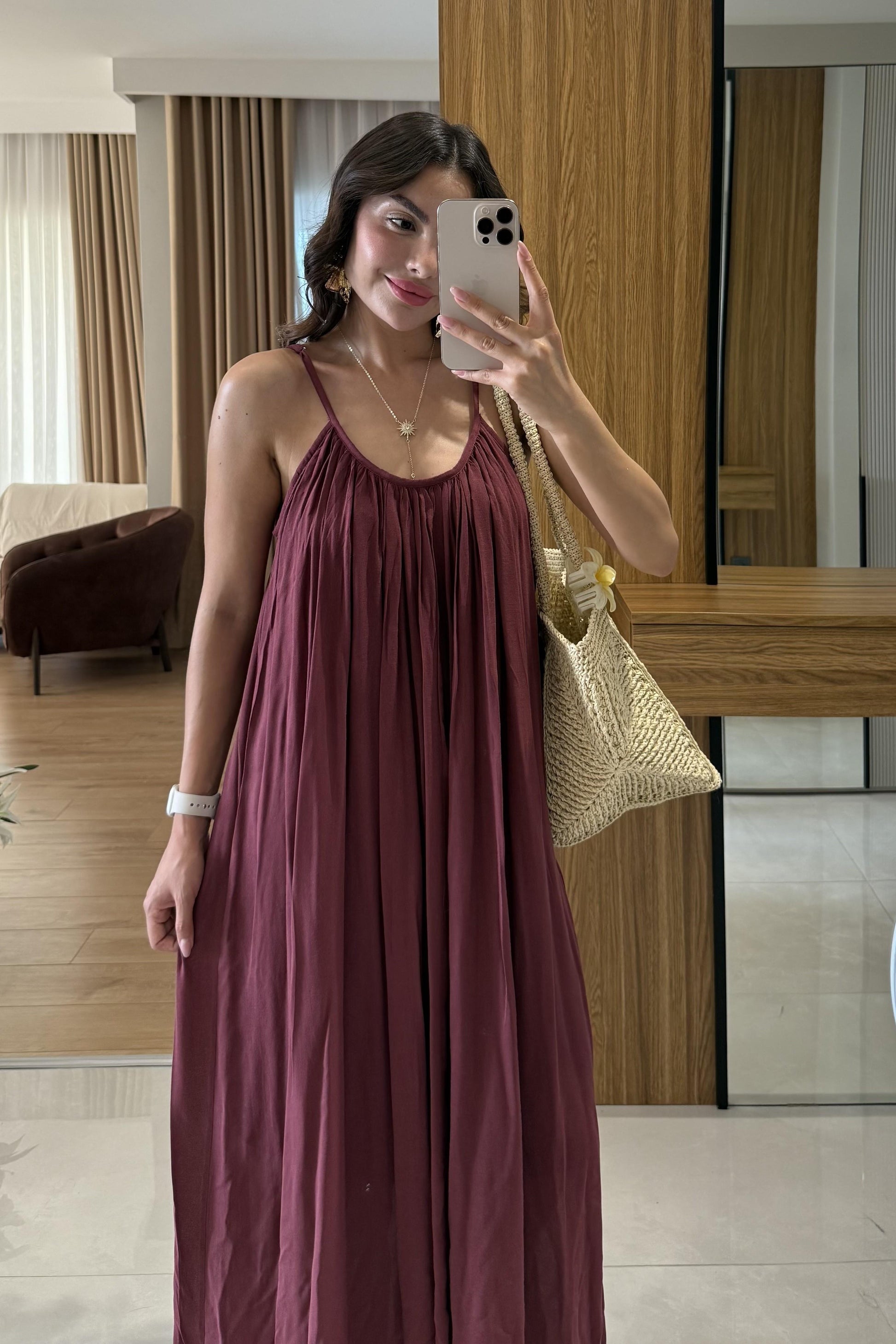 Bohre Bordo Keten Salaş Elbise