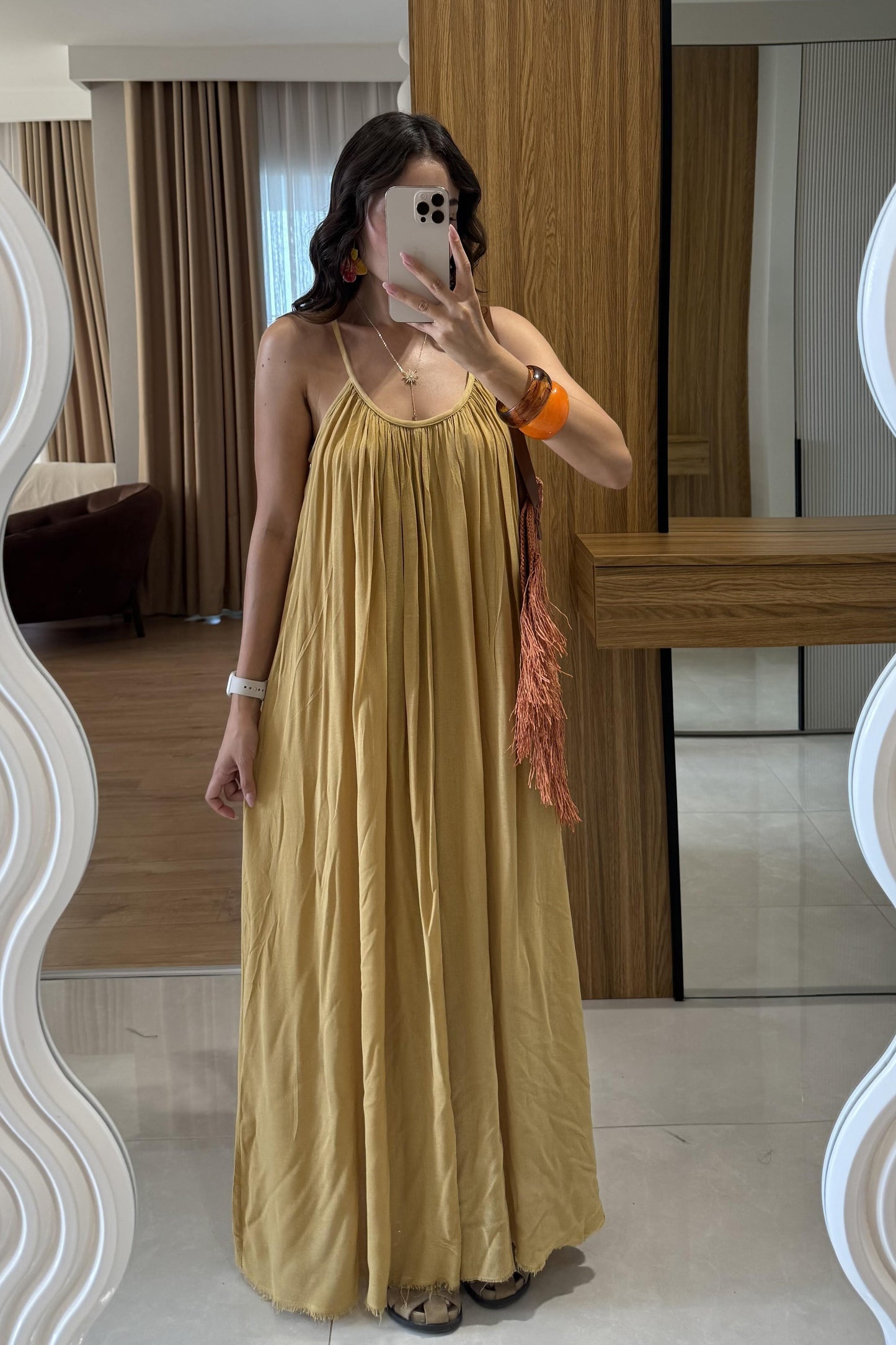 Bohre Hardal Keten Salaş Elbise