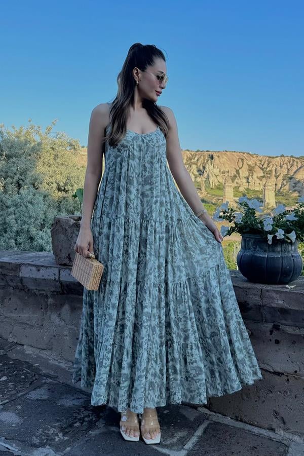 Bongomia Askılı Karışık Desen Empirme Elbise