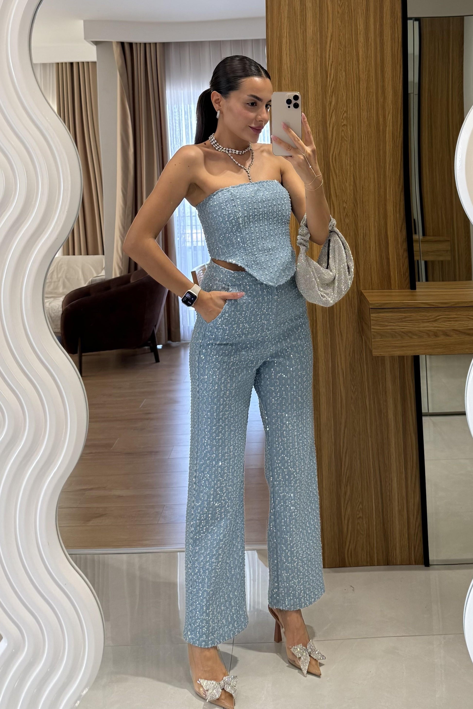 Bonnie Işıltılı Dokulu Mavi Takım