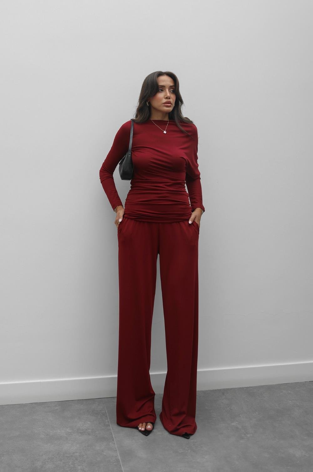 BORDO ASIMETRIK YAKA BLUZ PANTOLON TAKIM