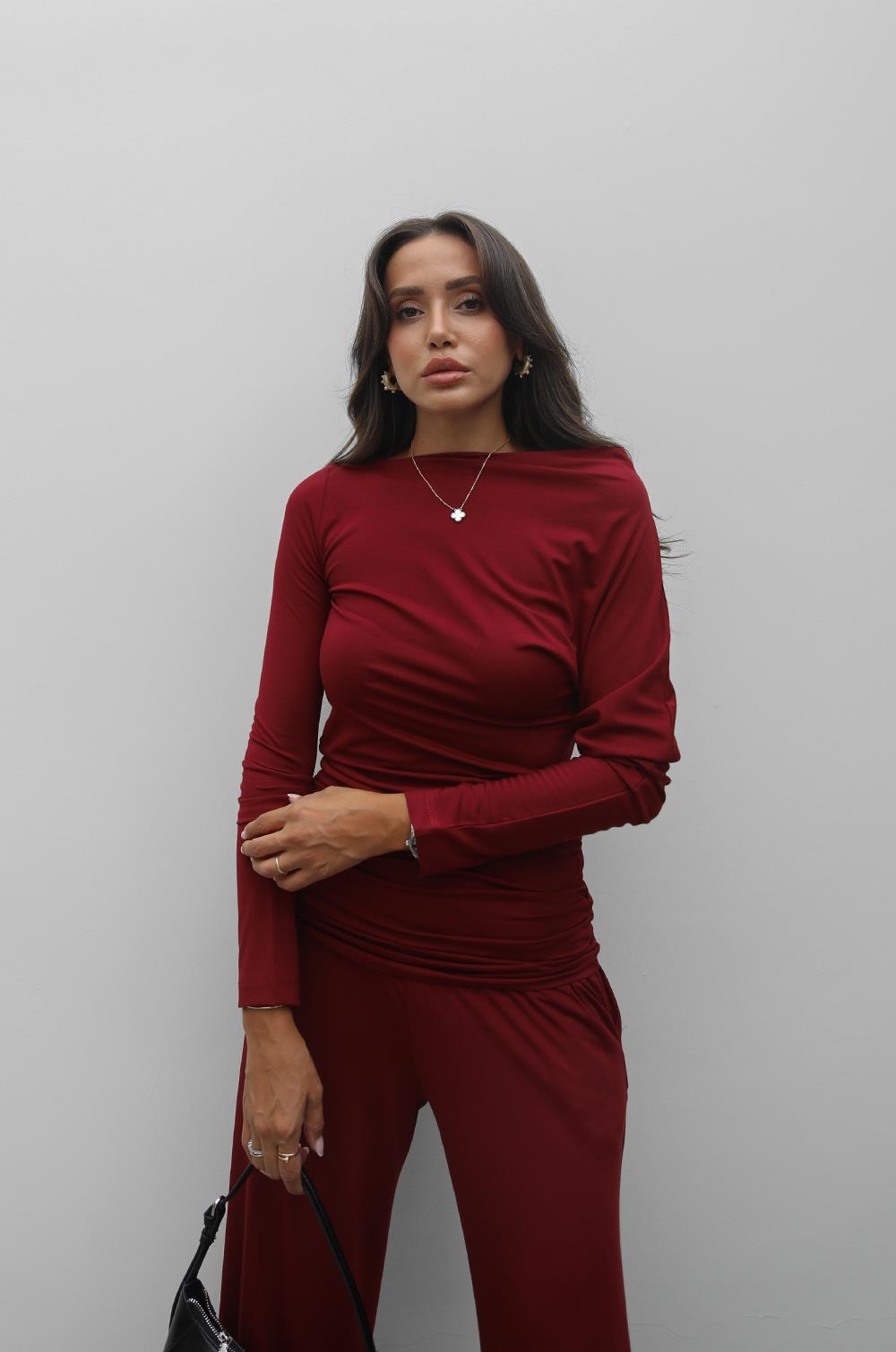BORDO ASIMETRIK YAKA BLUZ PANTOLON TAKIM