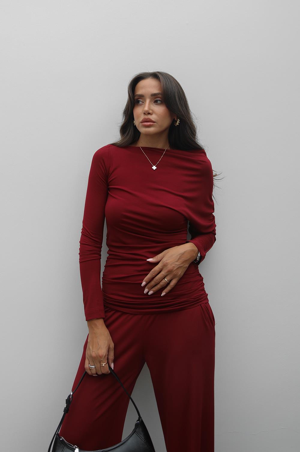 BORDO ASIMETRIK YAKA BLUZ PANTOLON TAKIM